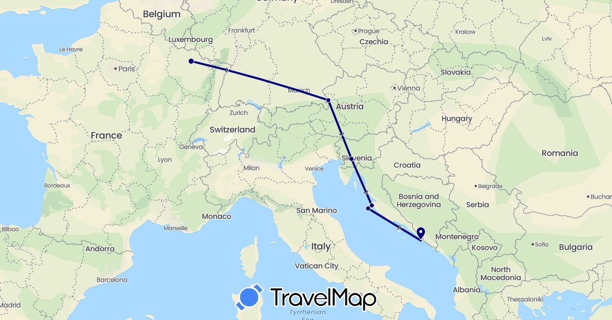 TravelMap itinerary: driving in Austria, France, Croatia, Slovenia (Europe)